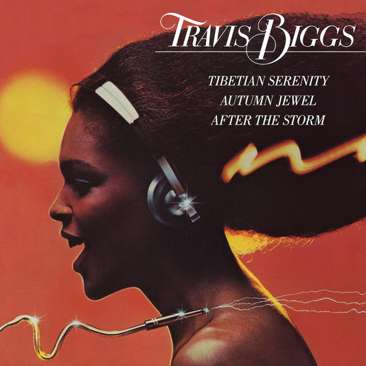 Portada del vinilo Travis Biggs – Tibetian Serenity en reedición 12" de Demon Records, con diseño retro en tonos rojos vibrantes.