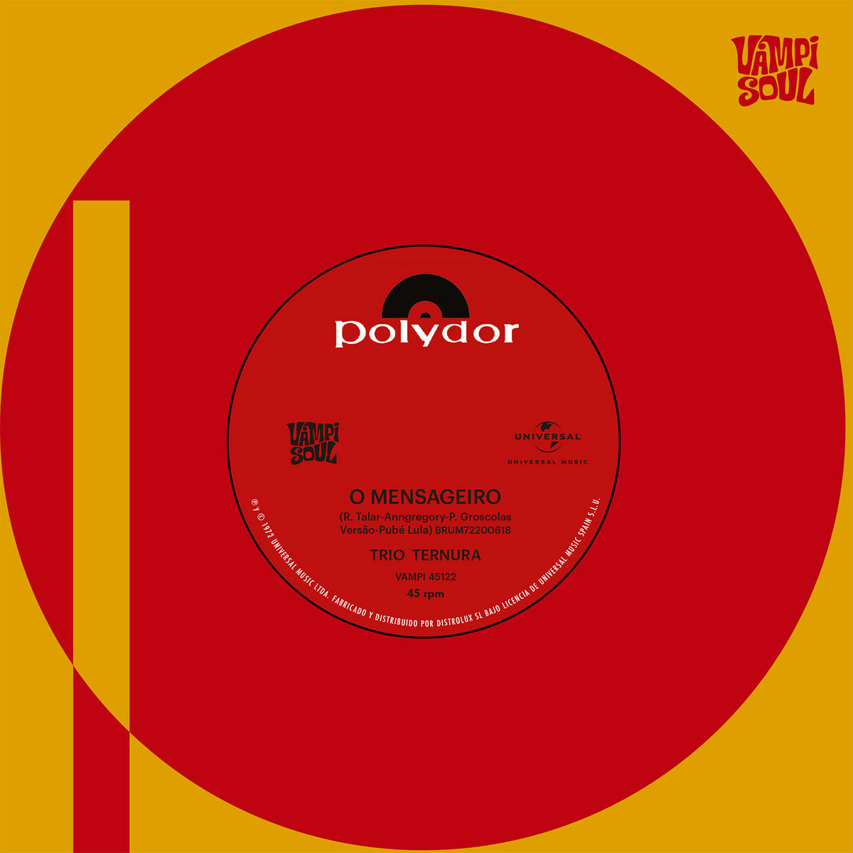 Portada del vinilo Trio Ternura – O Mensageiro, con diseño rojo y amarillo de Vampi Soul y etiqueta Polydor.