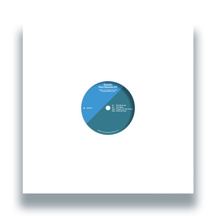 Portada del vinilo Tuccillo – First Summer EP en formato 12", mostrando la funda blanca con la etiqueta azul del lado A visible en el centro, en un estilo limpio y minimalista típico de ediciones de club.