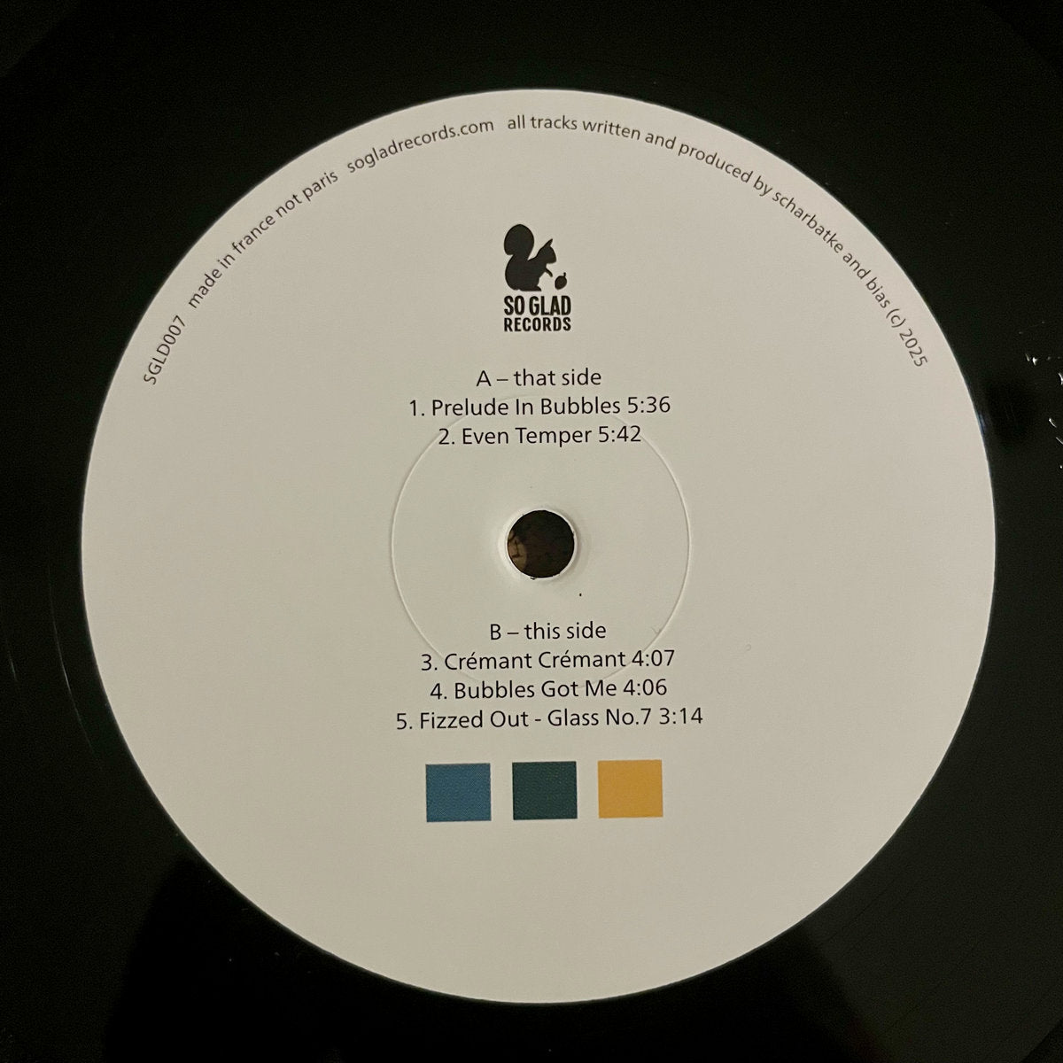 Lado B del vinilo 12" EP Turquoise Colored French Tourists – The Cremant Sessions, etiqueta central con tracklist, duraciones y créditos de So Glad Records.