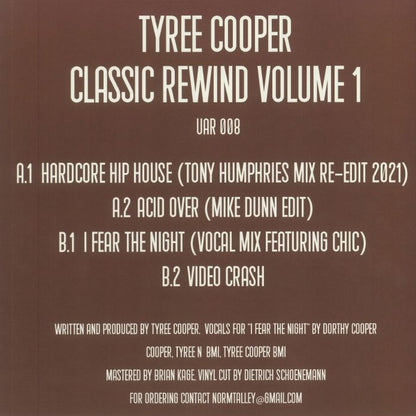 Contraportada del vinilo Tyree Cooper – Classic Rewind Volume 1 con listado de pistas, créditos y detalles de producción.
