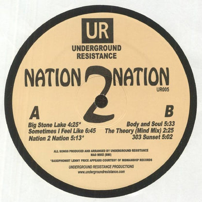 Lado A del vinilo Underground Resistance – Nation 2 Nation 12" reedición en sello Underground Resistance, catálogo UR005 con 6 tracks listados y créditos de Mad Mike.