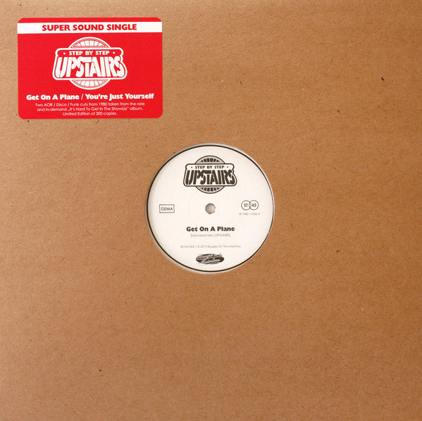 Portada del vinilo "Get On A Plane / You're Just Yourself" de Upstairs, editado por Boogie On The Mainline en formato 12". Edición limitada con sticker rojo.