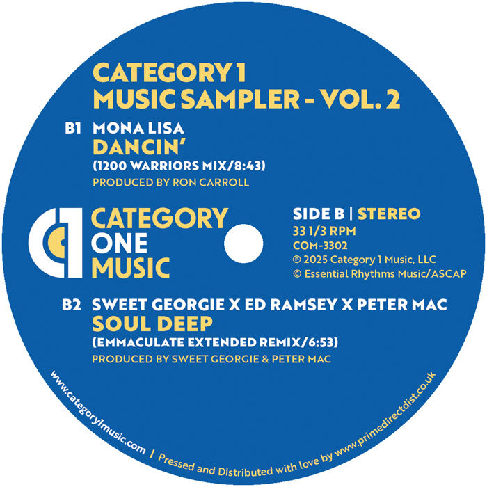 Etiqueta central del vinilo Varios Artistas – Category1 Music Sampler - Vol. 2 (12", Sampler) del sello Category1 Music, lado B, con pistas de Mona Lisa y Sweet Georgie x Ed Ramsey x Peter Mac, mezclas, duración y créditos visibles en diseño azul y dorado.