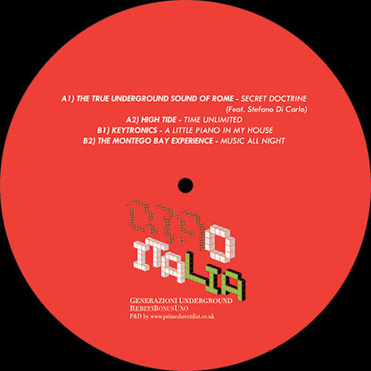 Etiqueta central lado A del vinilo Varios Artistas – Ciao Italia (Generazioni Underground) (Bonus Uno) de Rebirth, con fondo rojo, lista de pistas y créditos impresos en blanco.