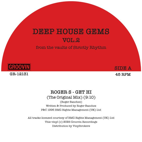 Etiqueta central lado A del vinilo Varios Artistas – Deep House Gems Vol. 2 de Groovin Recordings (12", EP), con fondo rojo, créditos de Roger S – “Get Hi (The Original Mix)” 9:10, catálogo GR-12131 y detalles de producción visibles.