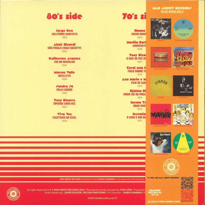 Portada trasera del vinilo Various – Disco É Cultura Vol. 2 con lista de canciones de los lados 70's y 80's. Publicado por Mad About Records.