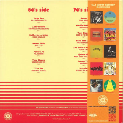 Portada trasera del vinilo Various – Disco É Cultura Vol. 2 con lista de canciones de los lados 70's y 80's. Publicado por Mad About Records.