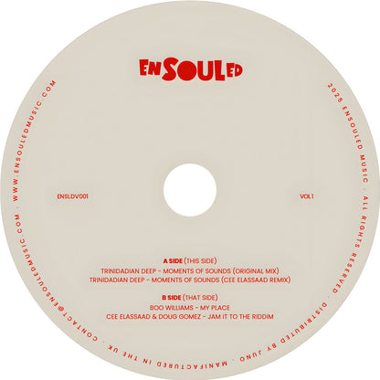 Etiqueta central del lado A del vinilo 12" de Varios Artistas – Freedom, Innovation, Resonance Vol 1 en Ensouled, pistas y créditos visibles.