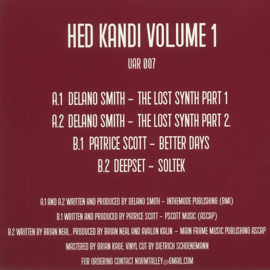 Contraportada del vinilo Varios Artistas – Hed Kandi Volume 1, 12” EP con tracklist completo y créditos del sello Upstairs Asylum Recordings.