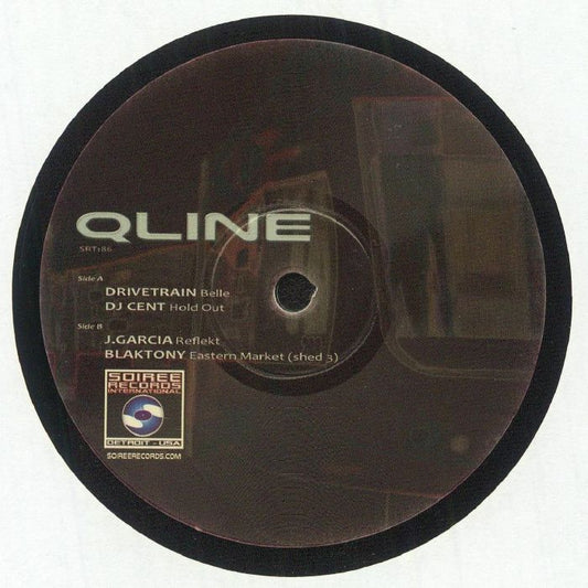 Portada del vinilo "QLine" de Varios Artistas, lanzado por Soiree Records International en formato 12". Diseño oscuro con el título, lista de canciones y sello discográfico visibles.