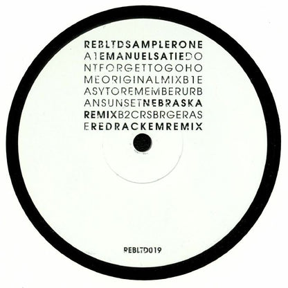 Etiqueta central del vinilo Varios Artistas – Reb Ltd Sampler One de Rebirth, edición limitada 12" EP estampado. Muestra las pistas, créditos y número de catálogo REBLTD019 con diseño minimalista en blanco y negro.
