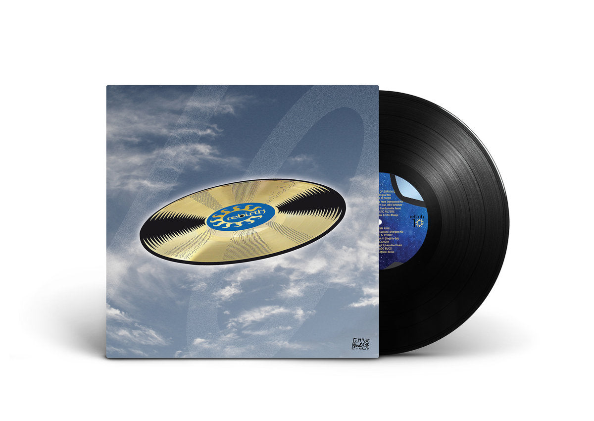 Etiqueta central del vinilo lado A/B de Varios Artistas – Rebirth 10 Selected by Larry Heard aka Mr. Fingers, fondo estrellado azul con listado de pistas y logo Rebirth.