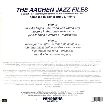 Contraportada del vinilo Varios Artistas – The Aachen Jazz Files con lista de pistas, créditos y texto histórico.