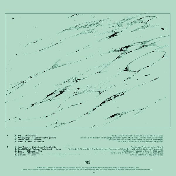 Contraportada del vinilo Varios Artistas – The First Circle en Neroli, listado completo de pistas y créditos impresos sobre diseño abstracto verde agua, formato 12" compilación reimpresión.