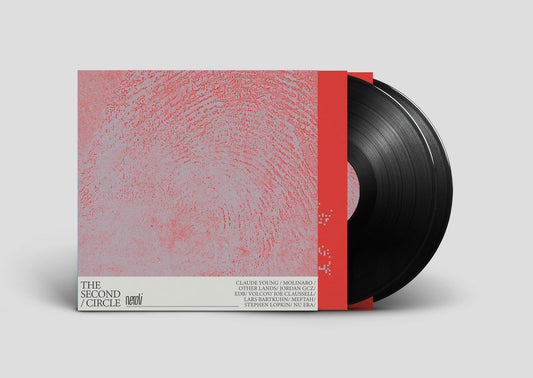 Funda y vinilos de Varios Artistas – The Second Circle 2x12" compilación Neroli, carpeta roja con arte texturizado y doble disco negro parcialmente visible.