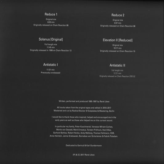 Contraportada del vinilo Vainqueur – Reductions 1995-1997 con tracklist completo, duraciones, créditos y detalles de Scion Versions en formato 3x12".