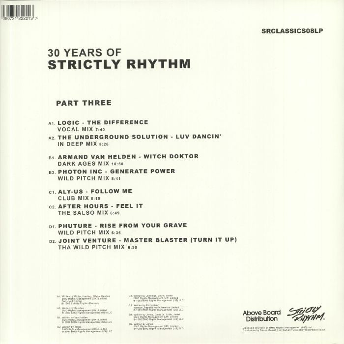 Portada trasera del vinilo "Varios Artistas – 30 Years Of Strictly Rhythm Part Three" lanzado por SRCLASSICS08LP. Incluye tracklist, créditos y detalles del sello.