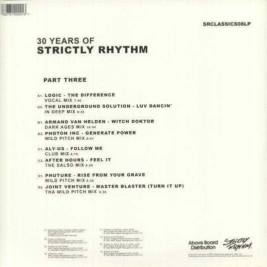 Portada trasera del vinilo "Varios Artistas – 30 Years Of Strictly Rhythm Part Three" lanzado por SRCLASSICS08LP. Incluye tracklist, créditos y detalles del sello.