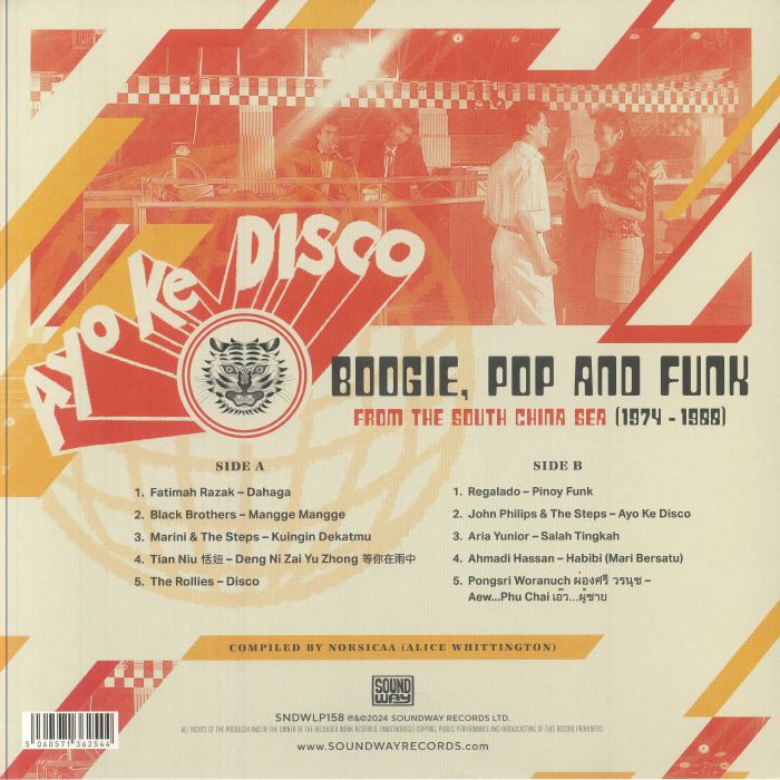 Contraportada del vinilo Varios Artistas – Ayo Ke Disco: Boogie, Pop & Funk From The South China Sea (1974-88), sello Soundway LP compilación con listado de pistas, créditos y diseño retro naranja y crema.
