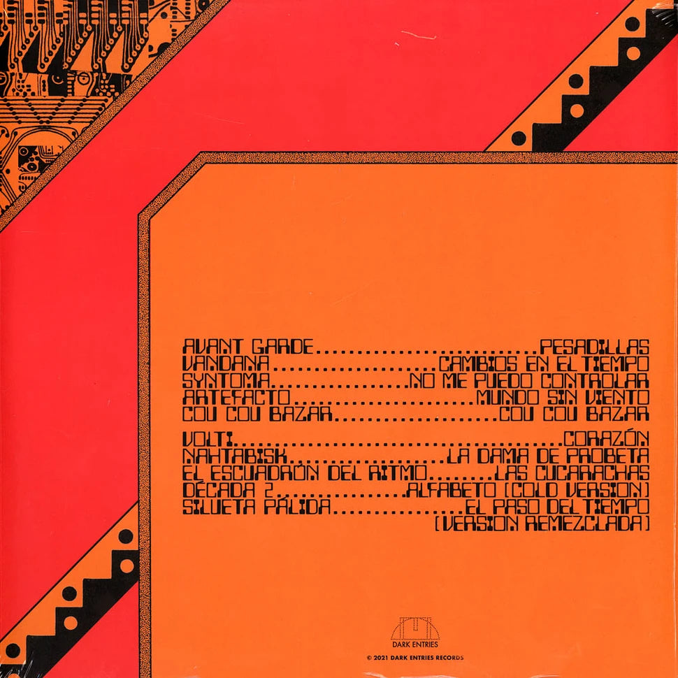 Contraportada del vinilo Varios Aristas – Back Up: Mexican Tecno Pop 1980-1989 editado por Dark Entries mostrando listado de canciones en tipografía retro.
