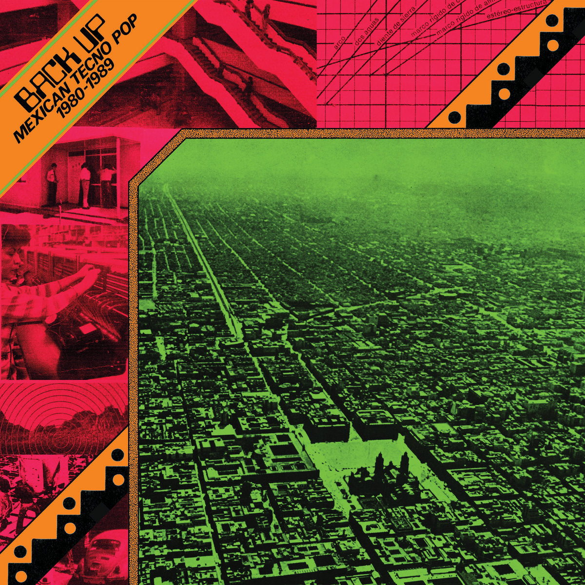 Portada del vinilo Varios Aristas – Back Up: Mexican Tecno Pop 1980-1989 en LP compilación de Dark Entries con diseño futurista en verde y rojo.