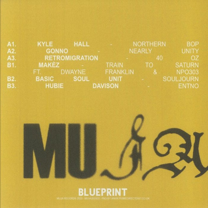 Contraportada del vinilo Varios Artistas – Blueprint en 12" de MUJA, con listado de pistas, créditos y arte gráfico en amarillo.