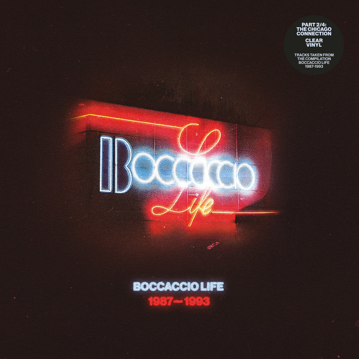 Portada del vinilo Varios Artistas – Boccaccio Life 1987-1993 Part 2/4 con arte en neón y logo clásico de la discoteca belga, edición transparente de Music Man Records.