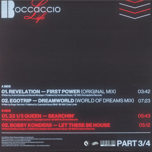 Contraportada del vinilo Varios Artistas – Boccaccio Life 1987-1993 (Part 3/4) con listado de pistas y créditos en tipografía blanca y roja.