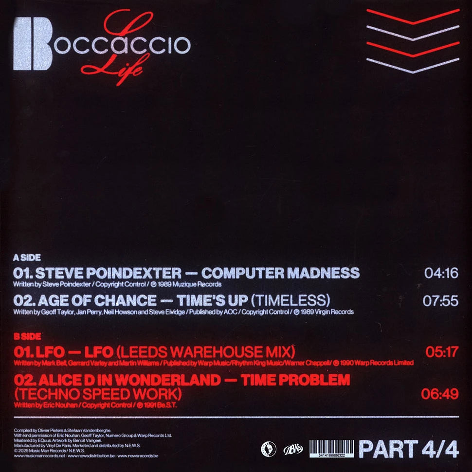 Contraportada del vinilo Varios Artistas – Boccaccio Life 1987-1993 (Part 4/4) con lista de temas y créditos de los sellos incluidos.