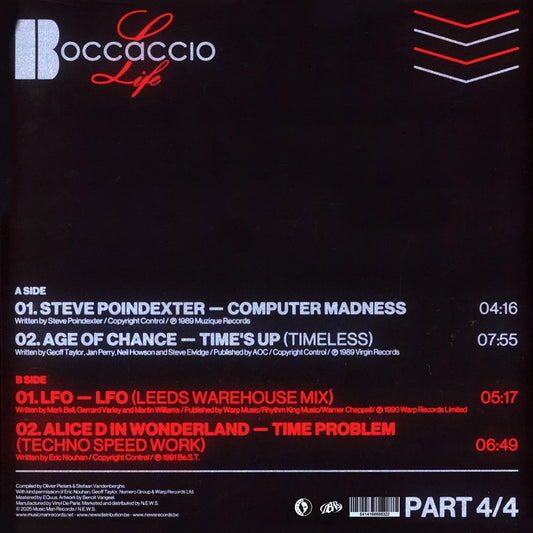 Contraportada del vinilo Varios Artistas – Boccaccio Life 1987-1993 (Part 4/4) con lista de temas y créditos de los sellos incluidos.