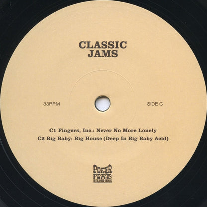 Etiqueta central lado C del vinilo Varios Artistas – Classic Jams con nombres de artistas y catálogo oficial de Poker Flat Recordings.