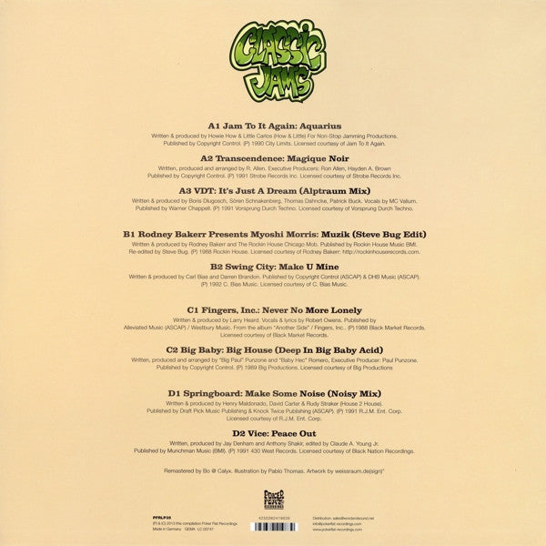 Contraportada del vinilo Varios Artistas – Classic Jams con listado completo de pistas y créditos de la compilación en Poker Flat Recordings.