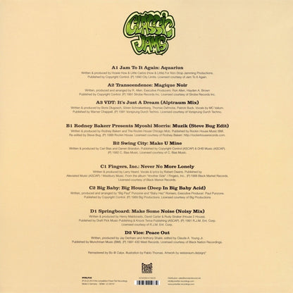 Contraportada del vinilo Varios Artistas – Classic Jams con listado completo de pistas y créditos de la compilación en Poker Flat Recordings.