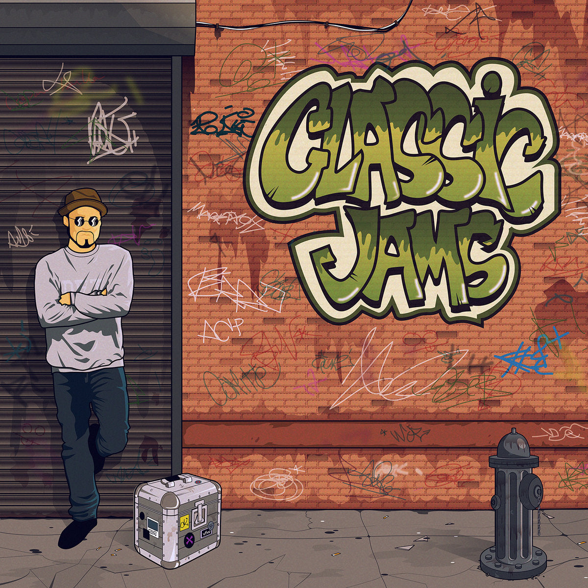 Portada urbana del vinilo Varios Artistas – Classic Jams con graffiti y personaje ilustrado, editado por Poker Flat Recordings.