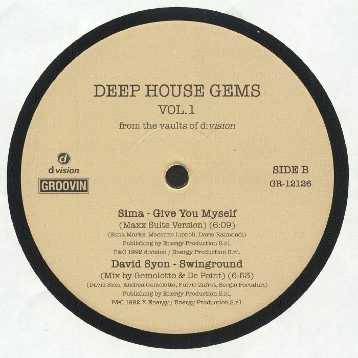 Etiqueta central lado B del vinilo Varios Artistas – Deep House Gems Vol.1 (From The Vaults Of D:Vision), con temas de Sima y David Syon, incluye duración, créditos y número de catálogo GR-12126.