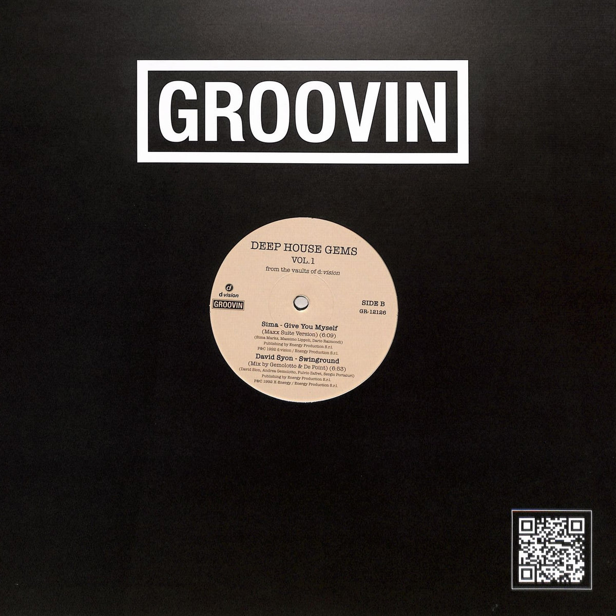Contraportada del vinilo Varios Artistas – Deep House Gems Vol.1 (From The Vaults Of D:Vision), diseño sobrio con logo Groovin Recordings y código QR en la funda negra.