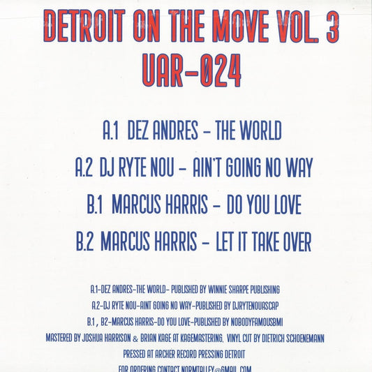 Contraportada del vinilo Varios Artistas – Detroit On The Move Vol. 3, con tracklist, créditos y catálogo UAR-024.