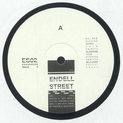 Portada delantera del vinilo recopilatorio Eukahouse Vaults 02 de Varios Artistas, editado por Endell Street en formato 12". Texto impreso: lado A, artistas como Nathan Coles, y créditos de remasterización y dirección de arte.