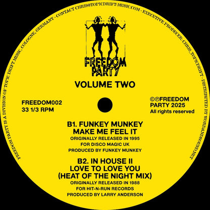 Portada trasera del vinilo Varios Artistas – Freedom Party Volume Two, edición 12", compilación del sello Freedom Party. Texto impreso: aparecen temas de Funkey Munkey e In House II.