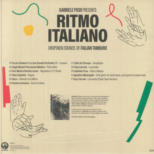 Contraportada del vinilo Gabriele Poso – Ritmo Italiano (Unspoken Sounds Of Italian Tamburo) en LP por Mr Bongo, con lista de temas y gráficos en tonos tierra.