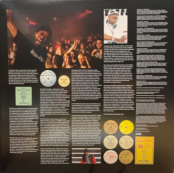 Interior del gatefold del vinilo con imágenes de fiestas, DJs y etiquetas del sello. Texto impreso: entrevistas y descripción de los lanzamientos.