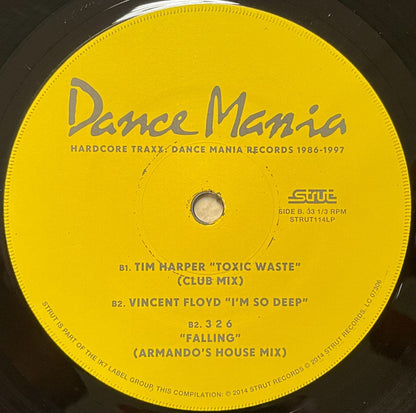 Etiqueta amarilla del lado B del vinilo con temas de Tim Harper, Vincent Floyd y 3 2 6. Texto impreso: STRUT114LP, créditos y subtítulos de mezcla.