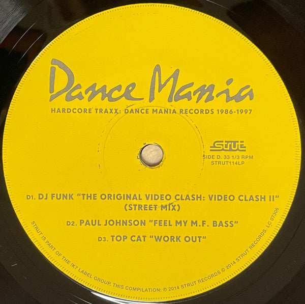 Etiqueta del lado D del vinilo con tracks de DJ Funk, Paul Johnson y Top Cat. Texto impreso: mezclas originales y reedición de clásicos de Dance Mania.