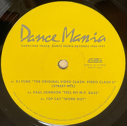 Etiqueta del lado D del vinilo con tracks de DJ Funk, Paul Johnson y Top Cat. Texto impreso: mezclas originales y reedición de clásicos de Dance Mania.