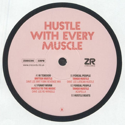 Portada delantera del vinilo de Varios Artistas – Hustle With Every Muscle, editado por Z Records en formato 12". Se muestra una cuadrícula con figuras bailando sobre fondo rosado.