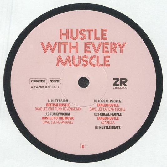 Portada delantera del vinilo de Varios Artistas – Hustle With Every Muscle, editado por Z Records en formato 12". Se muestra una cuadrícula con figuras bailando sobre fondo rosado.