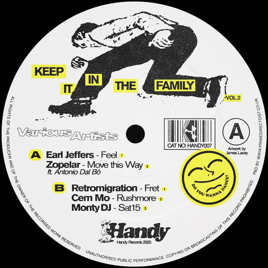 Portada delantera del vinilo Varios Artistas – Keep It In The Family Vol. 2 editado por Handy Records. Impreso: lado A con créditos y lista de canciones.