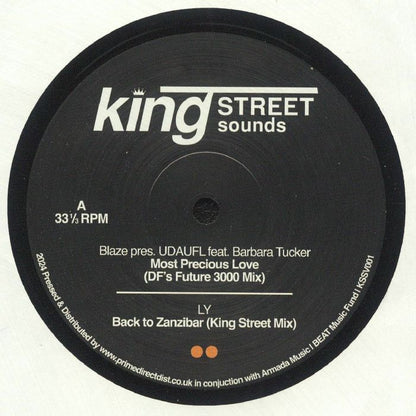 Lado A del vinilo King Street Sounds Sampler Vol. 1 (12", BPM King Street Sounds). Incluye las pistas "Most Precious Love (DF's Future 3000 Mix)" y "Back to Zanzibar (King Street Mix)".