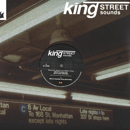 Portada delantera del vinilo King Street Sounds Sampler Vol. 1 (12", BPM King Street Sounds). Presenta el logo del sello y un fondo con una estación de metro de Nueva York.